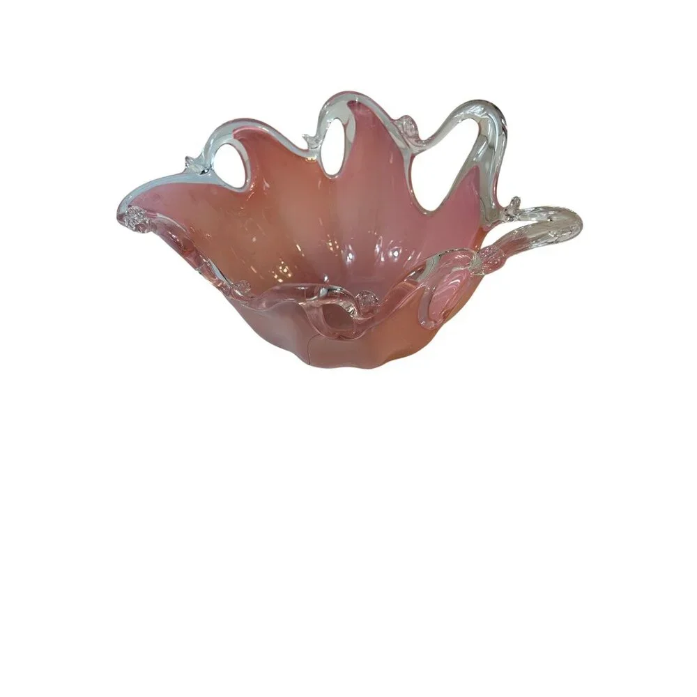 Murano Handcrafted Italian Art Glass Bowl Pink & Clear 12" x 8.5" - Picture 6 of 8